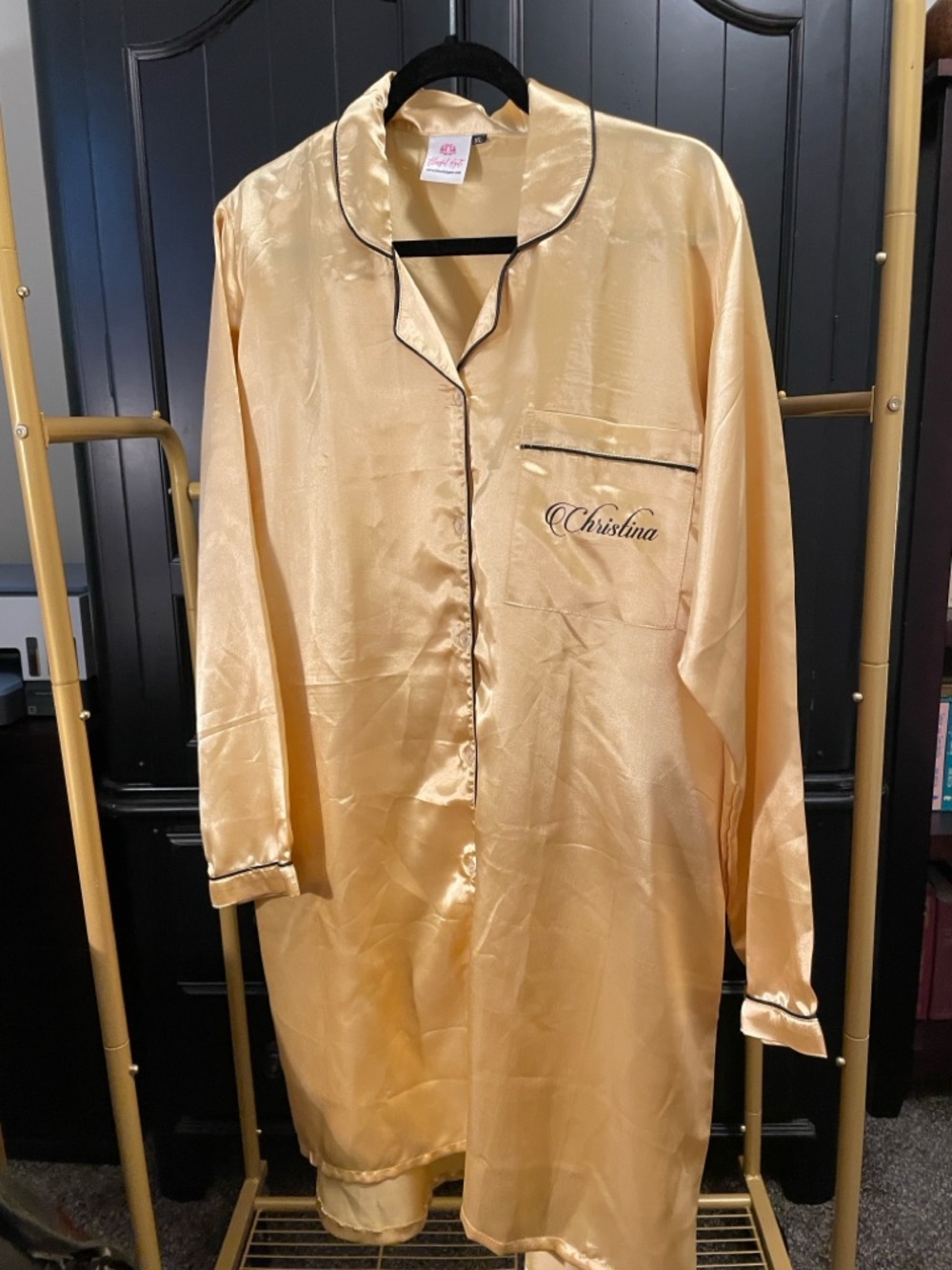 “Christina” Gold Satin Pocket Shirt with Black Trim NWOT